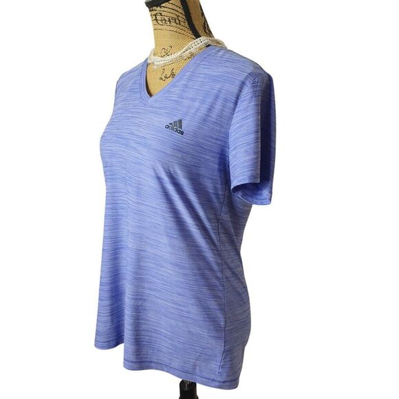 Adidas Womens Climalite Tee M Violet Ppl Striped V-Neck Athletic Sporty Tech - Picture 2 of 6